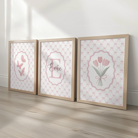 Personalised Pink Bow Nursery Wall Art Set | Pink Butterfly Girls Room Prints with Optional Frames