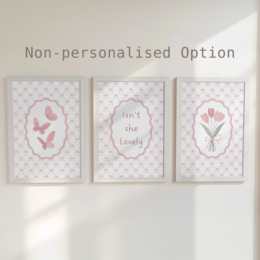 Personalised Pink Bow Nursery Wall Art Set | Pink Butterfly Girls Room Prints with Optional Frames