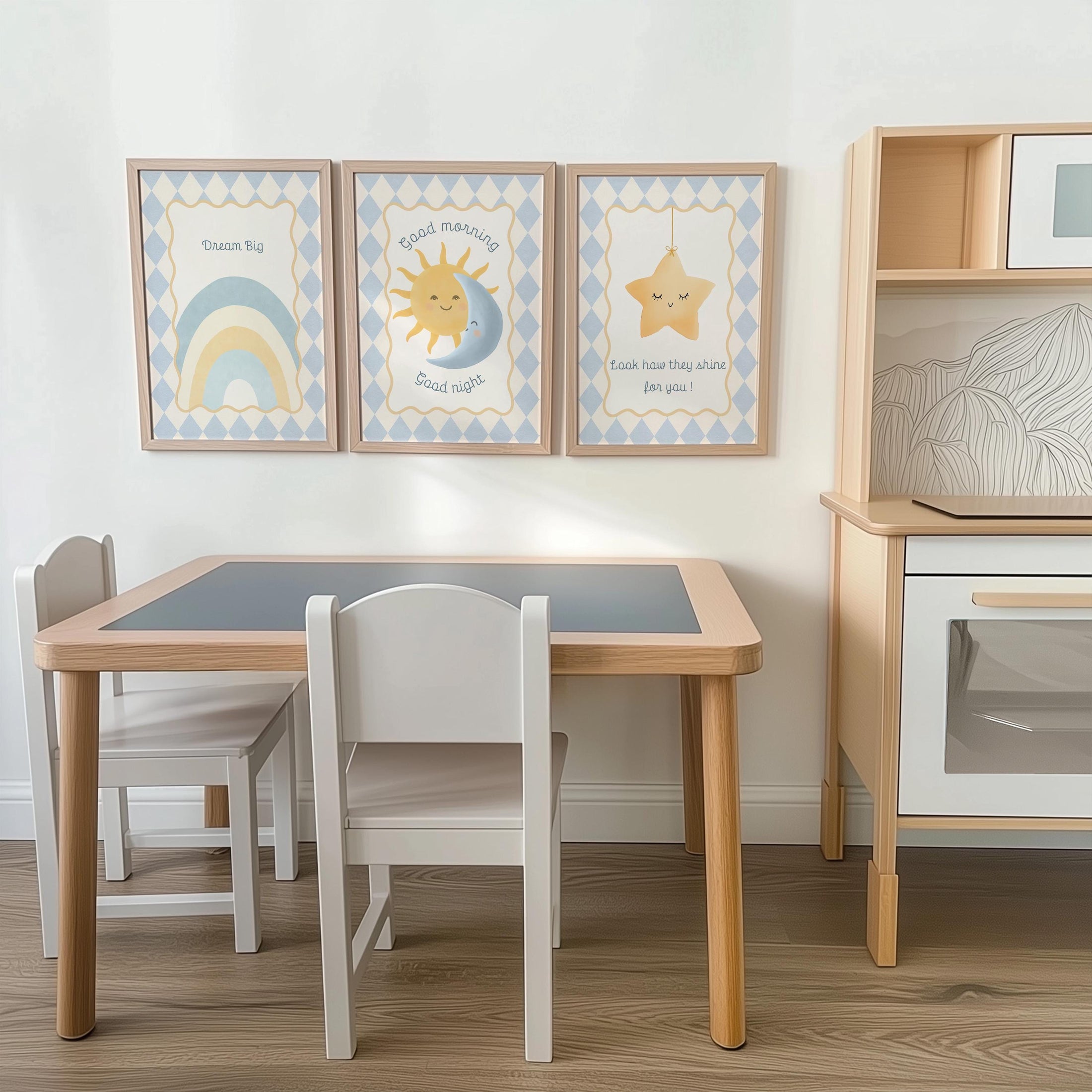 Dream Big Nursery Wall Art Set | Sun Moon Star Prints | Baby Room Décor in Blue or Pink with Optional Frames