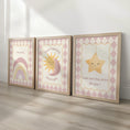 Load image into Gallery viewer, Dream Big Nursery Wall Art Set | Sun Moon Star Prints | Baby Room Décor in Blue or Pink with Optional Frames
