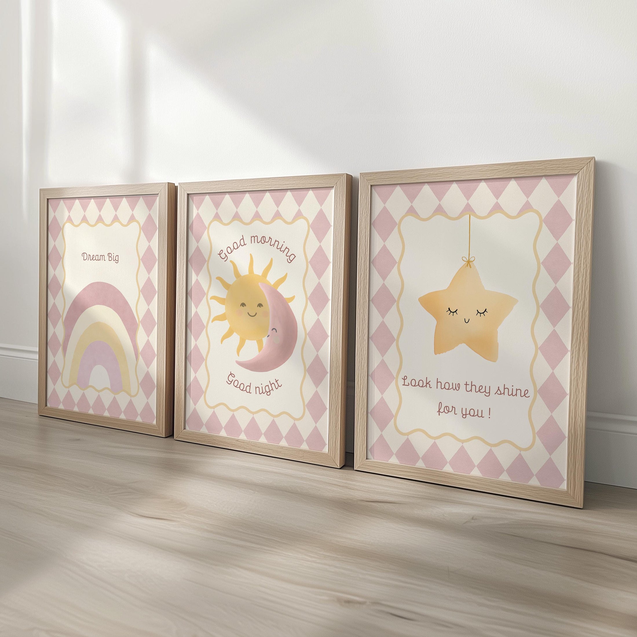 Dream Big Nursery Wall Art Set | Sun Moon Star Prints | Baby Room Décor in Blue or Pink with Optional Frames