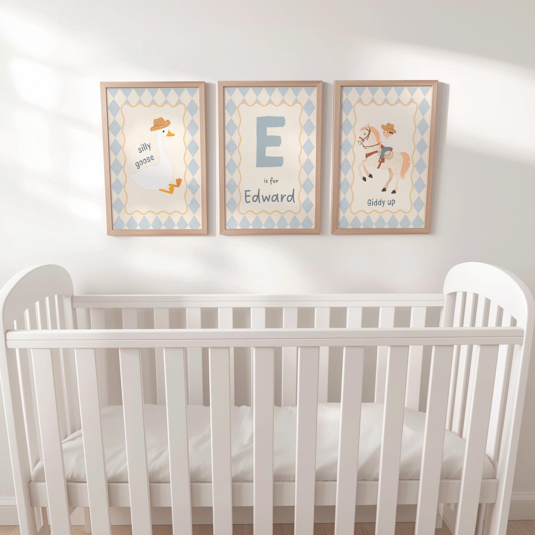 Personalised Goose Nursery Prints Set of 3 | Cowboy Cool Kids Club Wall Art | Playroom Décor with Optional Frames