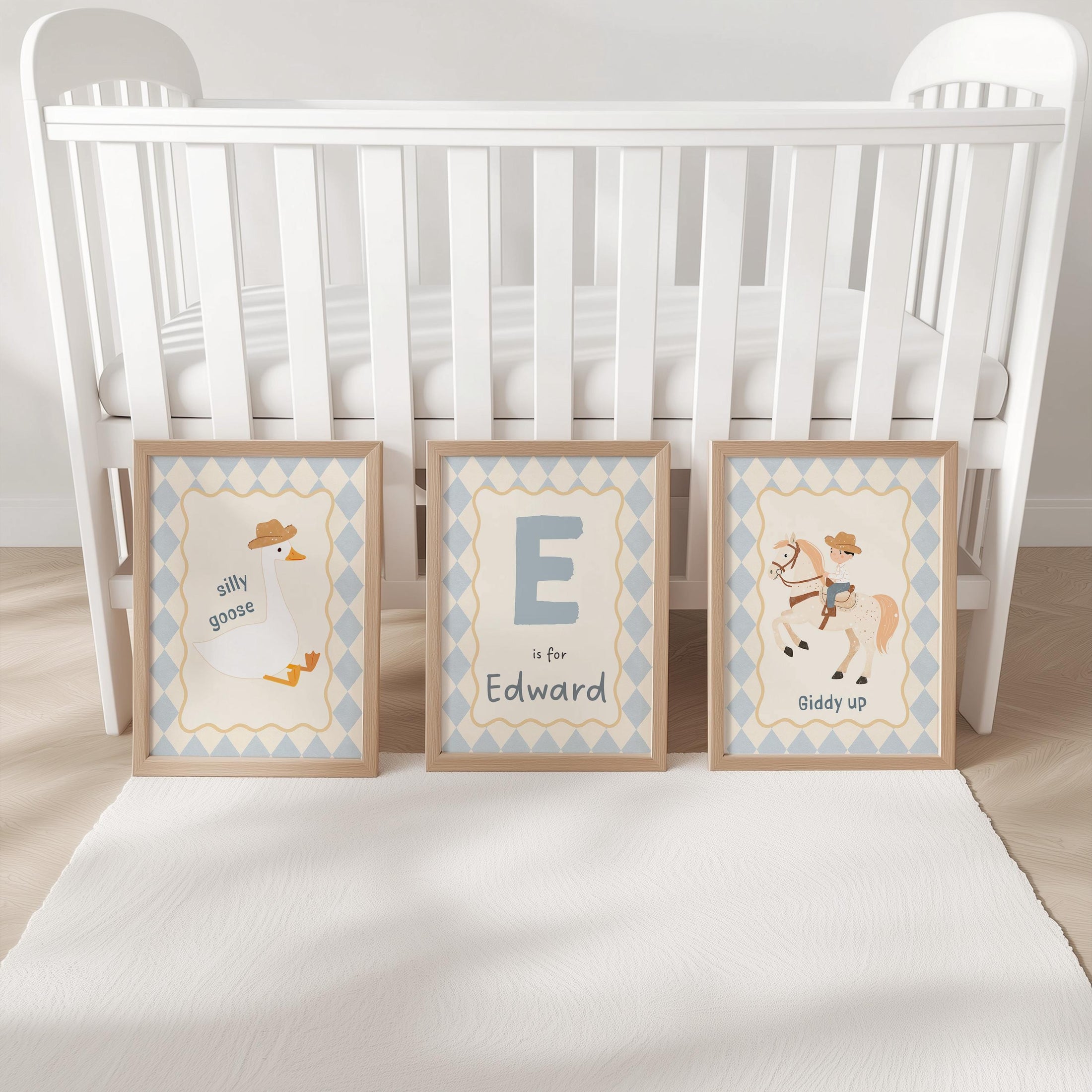 Personalised Goose Nursery Prints Set of 3 | Cowboy Cool Kids Club Wall Art | Playroom Décor with Optional Frames