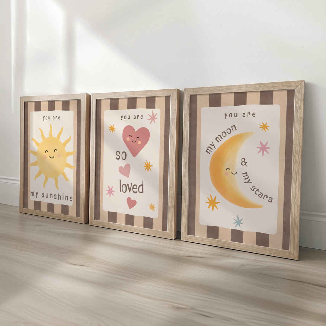 Set of 3 Retro Striped Nursery Wall Art Prints - Sunshine, Moon & Heart Wall art with Optional Frames - You Are So Loved