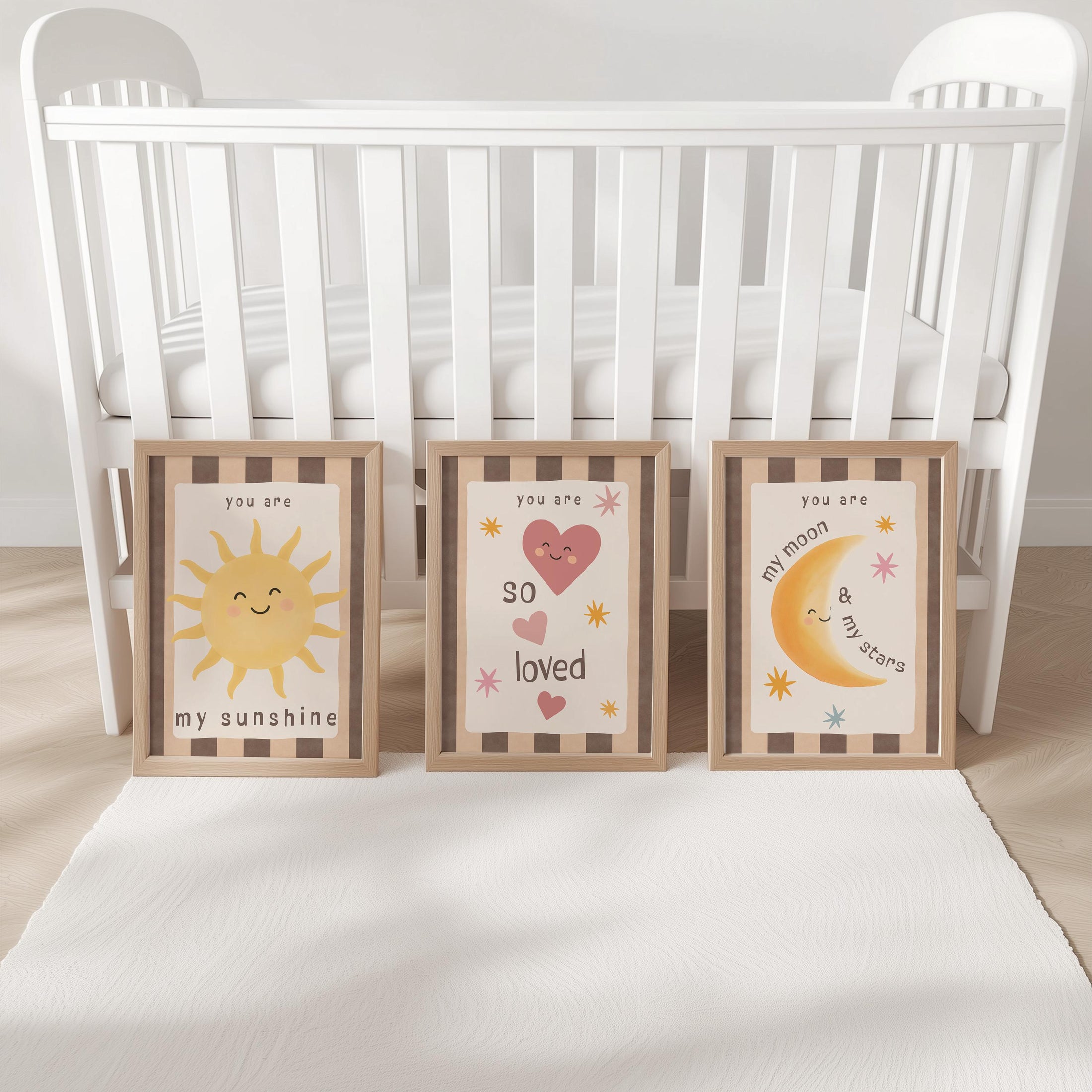 Set of 3 Retro Striped Nursery Wall Art Prints - Sunshine, Moon & Heart Wall art with Optional Frames - You Are So Loved