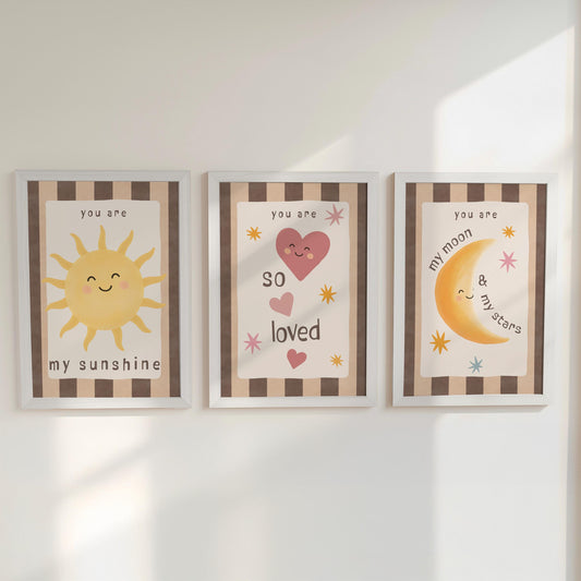 Set of 3 Retro Striped Nursery Wall Art Prints - Sunshine, Moon & Heart Wall art with Optional Frames - You Are So Loved