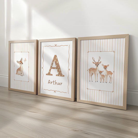 Woodland Deer Nursery Prints Set of 3, Personalised Baby Wall Art, Gender Neutral Decor with Optional Frames