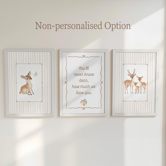Woodland Deer Nursery Prints Set of 3, Personalised Baby Wall Art, Gender Neutral Decor with Optional Frames