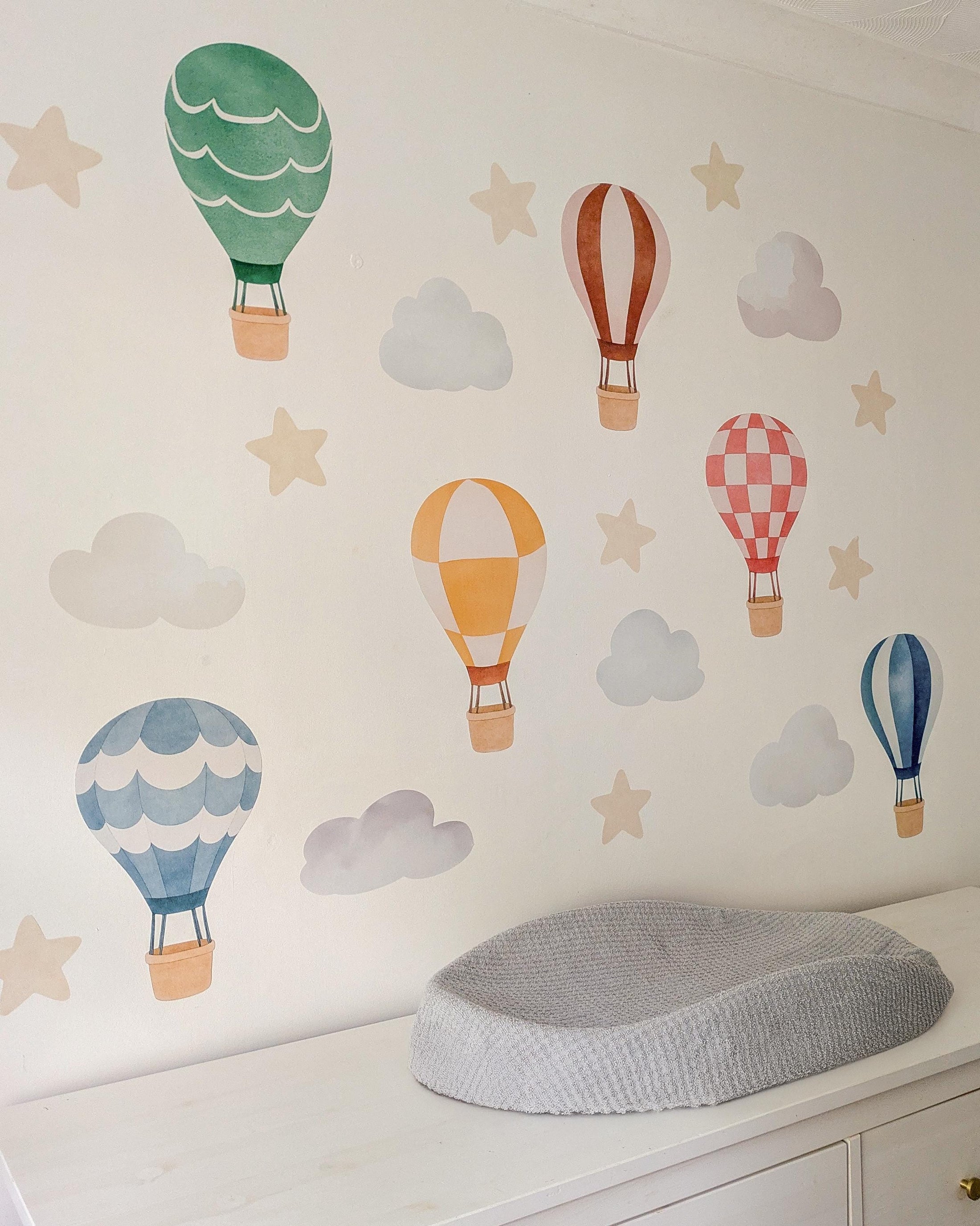 Hot Air Balloon Wall Stickers | Nursery Decals | Colourful Balloons, Clouds & Stars | Removable Fabric Wall Stickers