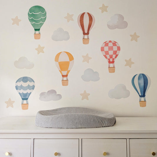 Hot Air Balloon Wall Stickers | Nursery Decals | Colourful Balloons, Clouds & Stars | Removable Fabric Wall Stickers