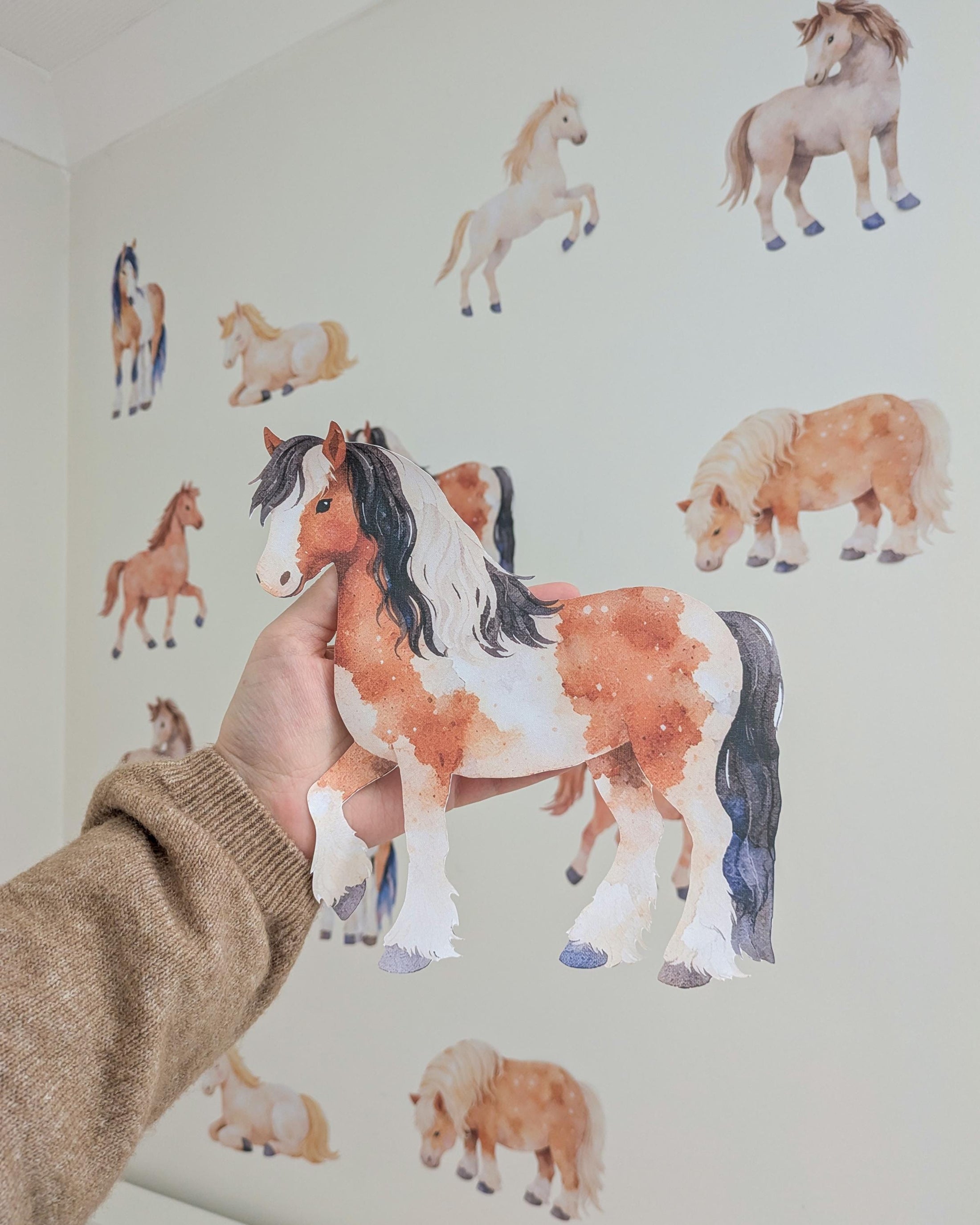 Horse Wall Decals – Set of 14 Watercolour Pony Wall Stickers for Kids Bedroom, Equestrian Nursery Décor, PVC Free Fabric Wall Decals
