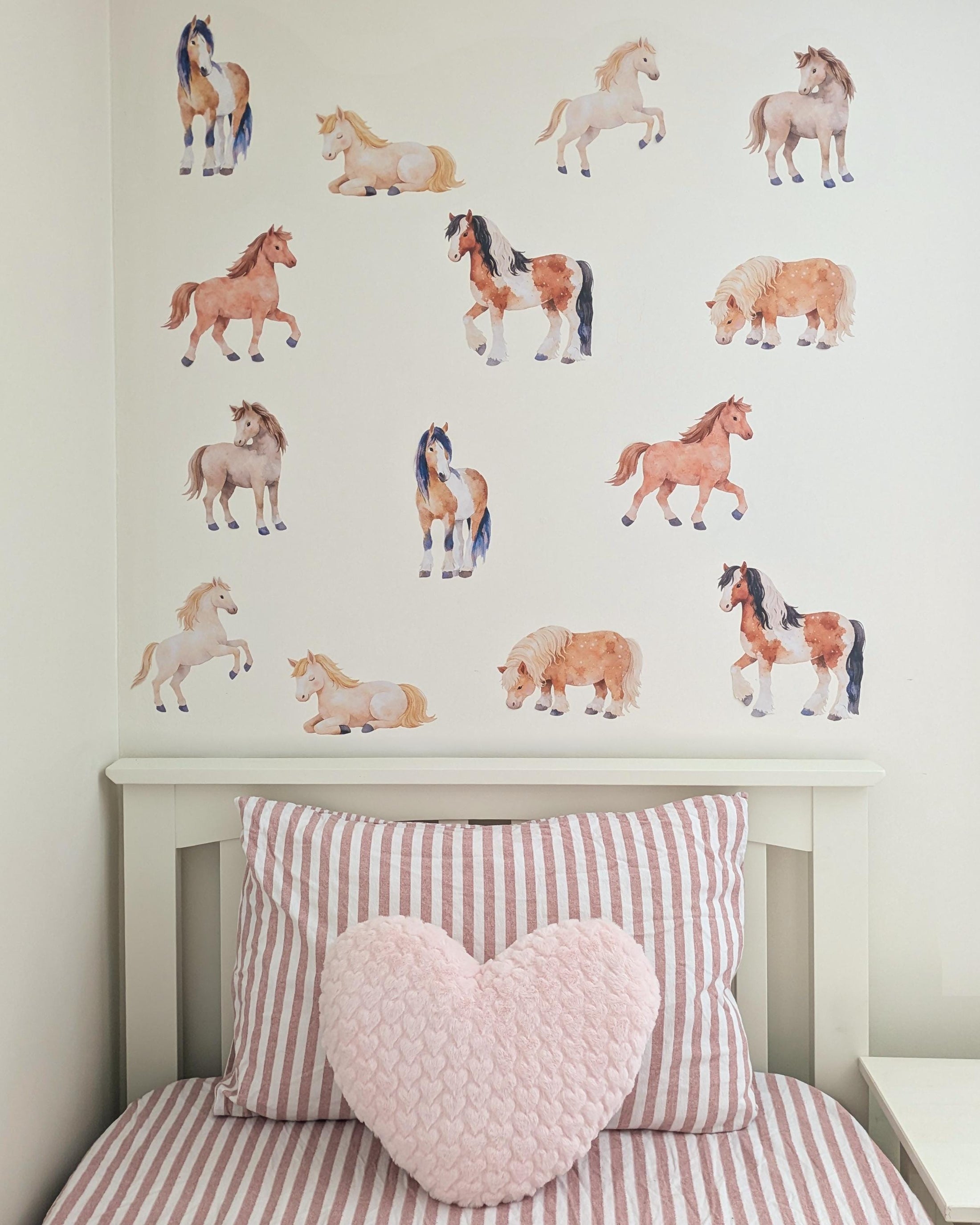 Horse Wall Decals – Set of 14 Watercolour Pony Wall Stickers for Kids Bedroom, Equestrian Nursery Décor, PVC Free Fabric Wall Decals