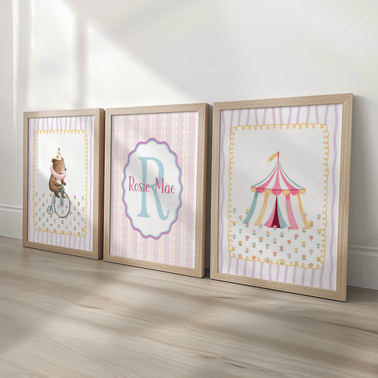 Personalised Circus Nursery Wall Art Set of 3 | Framed or Unframed | Girls Pink Circus Bedroom Decor | Custom Name Initial