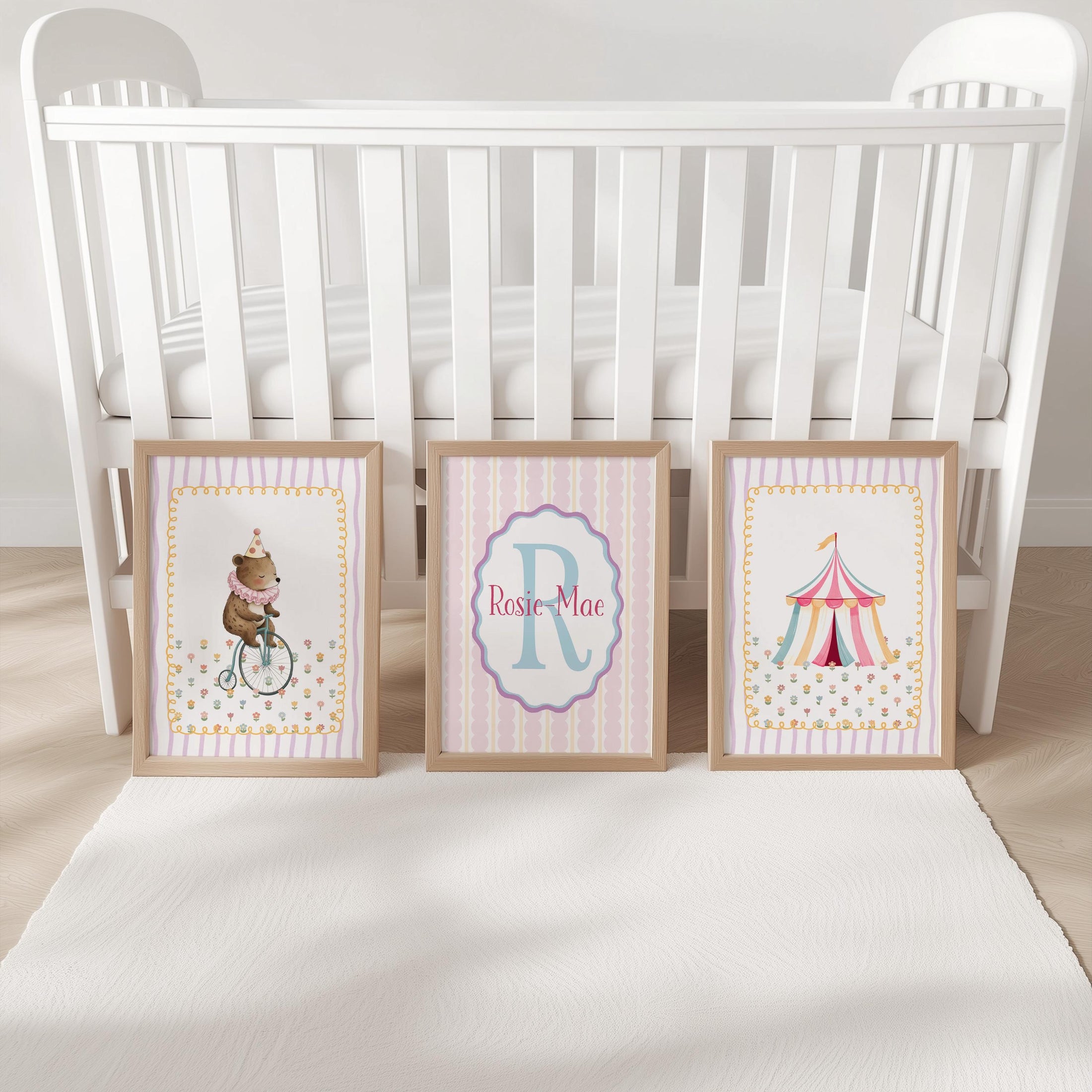 Personalised Circus Nursery Wall Art Set of 3 | Framed or Unframed | Girls Pink Circus Bedroom Decor | Custom Name Initial