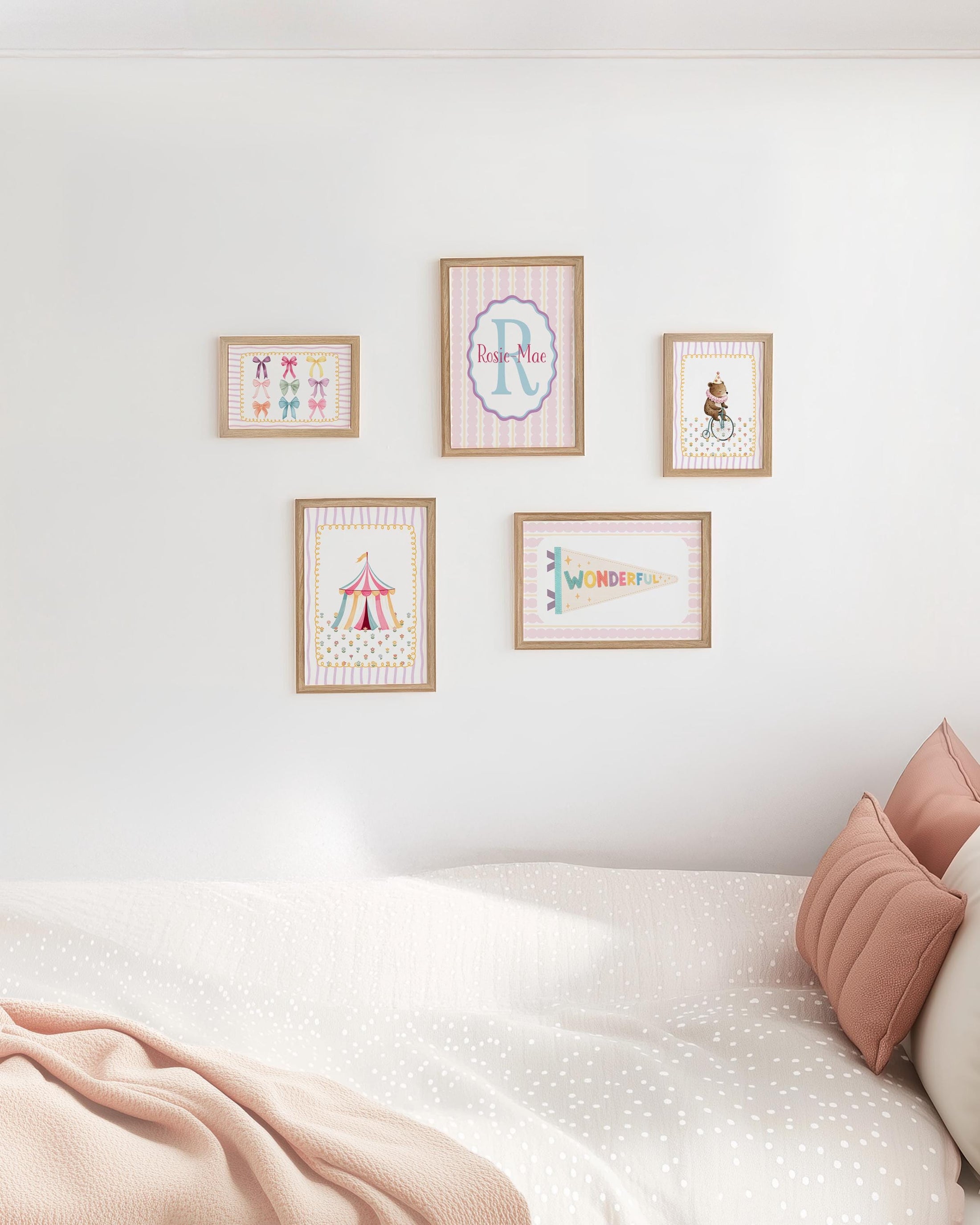 Personalised Circus Nursery Wall Art Set of 5 Prints | Girls Pink Vintage Circus Gallery Wall Posters in Optional White or Oak Frames