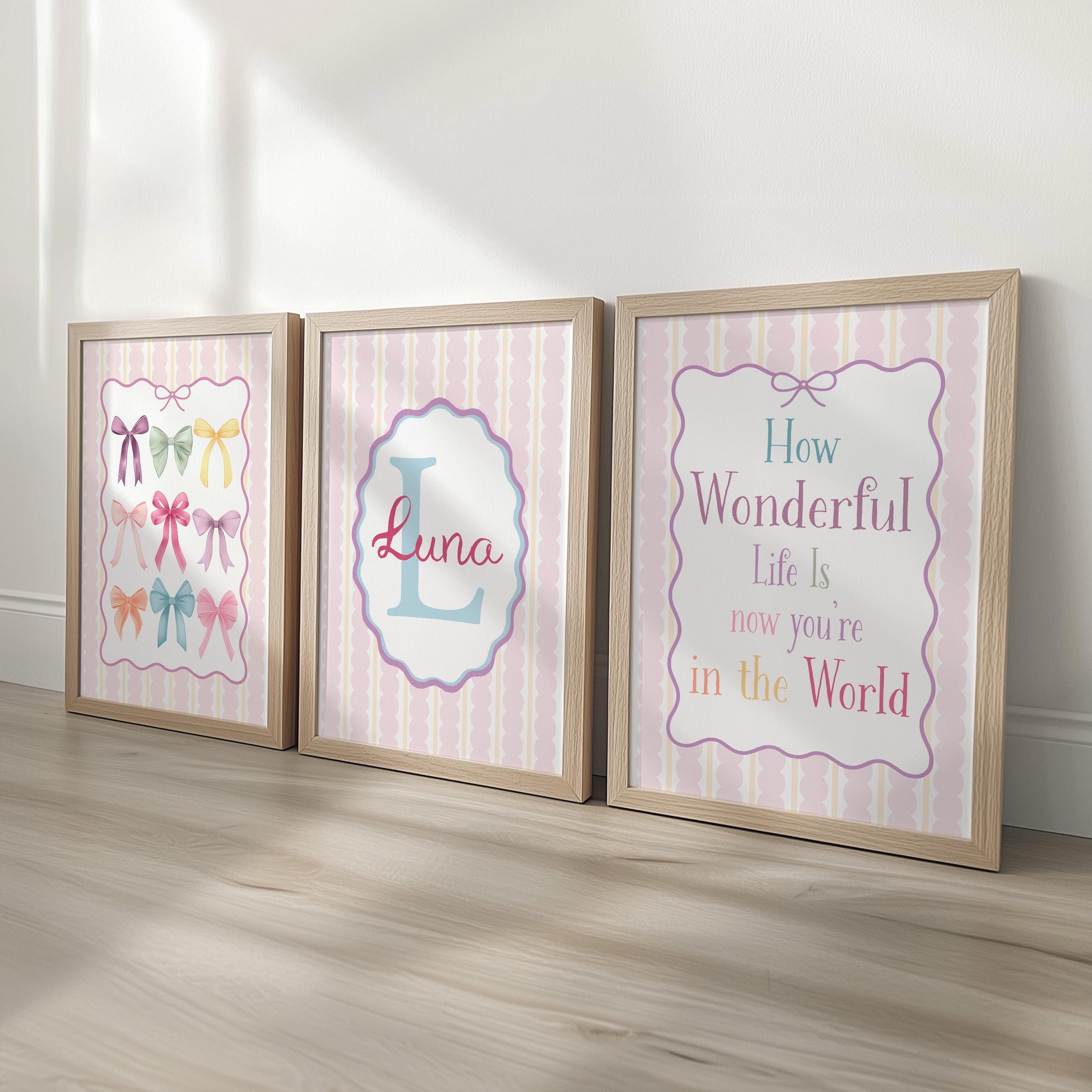 Personalised Girls Nursery Wall Art Set of 3 | Framed or Unframed | Pink Pastel Bedroom Decor | Custom Name Initial Print