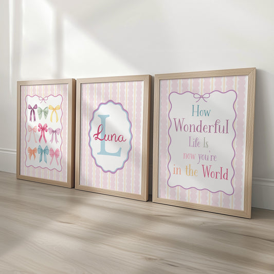Personalised Girls Nursery Wall Art Set of 3 | Framed or Unframed | Pink Pastel Bedroom Decor | Custom Name Initial Print