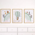 Load image into Gallery viewer, Rainbow Safari Animal Nursery Wall Prints, Set of 3 Blue, Green, Beige, or Pink Personalised Hot Air Balloon, Framed or Unframed
