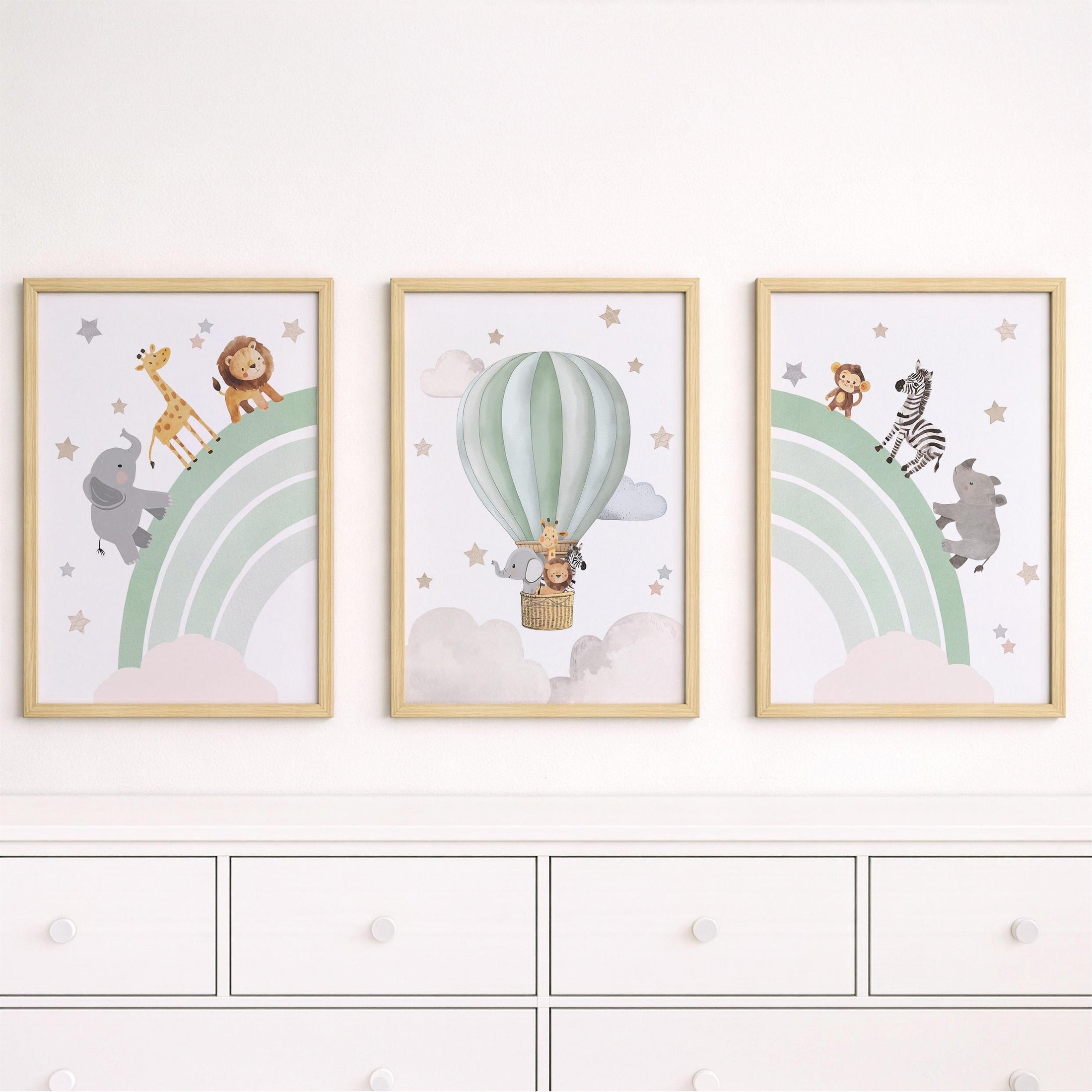 Rainbow Safari Animal Nursery Wall Prints, Set of 3 Blue, Green, Beige, or Pink Personalised Hot Air Balloon, Framed or Unframed