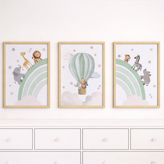 Rainbow Safari Animal Nursery Wall Prints, Set of 3 Blue, Green, Beige, or Pink Personalised Hot Air Balloon, Framed or Unframed