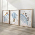 Load image into Gallery viewer, Rainbow Safari Animal Nursery Wall Prints, Set of 3 Blue, Green, Beige, or Pink Personalised Hot Air Balloon, Framed or Unframed
