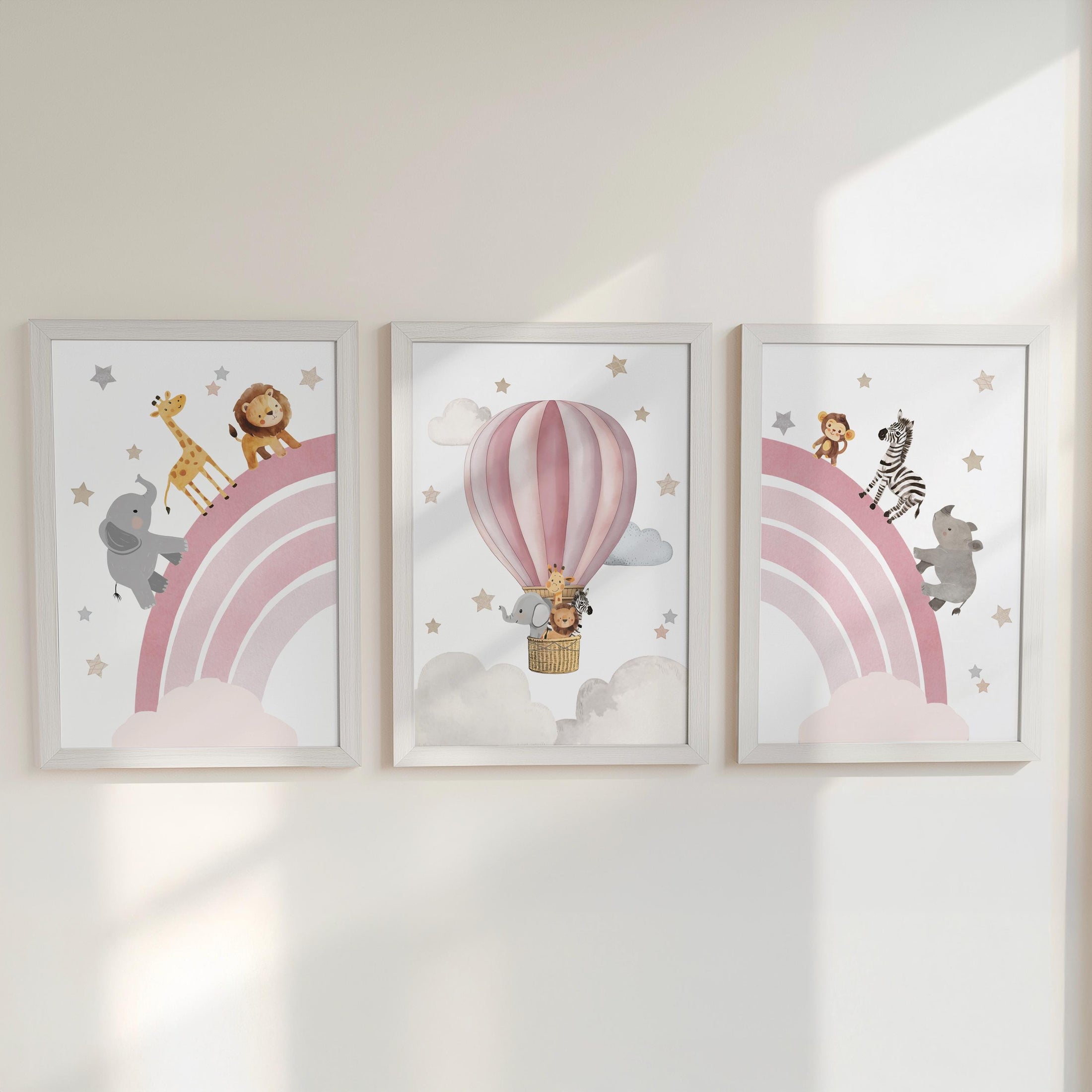 Rainbow Safari Animal Nursery Wall Prints, Set of 3 Blue, Green, Beige, or Pink Personalised Hot Air Balloon, Framed or Unframed