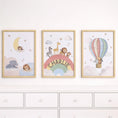 Load image into Gallery viewer, Rainbow Animal Nursery Wall Prints, Set of 3 Hot Air Balloon, Safari Animal Kids Room Posters, Framed or Unframed
