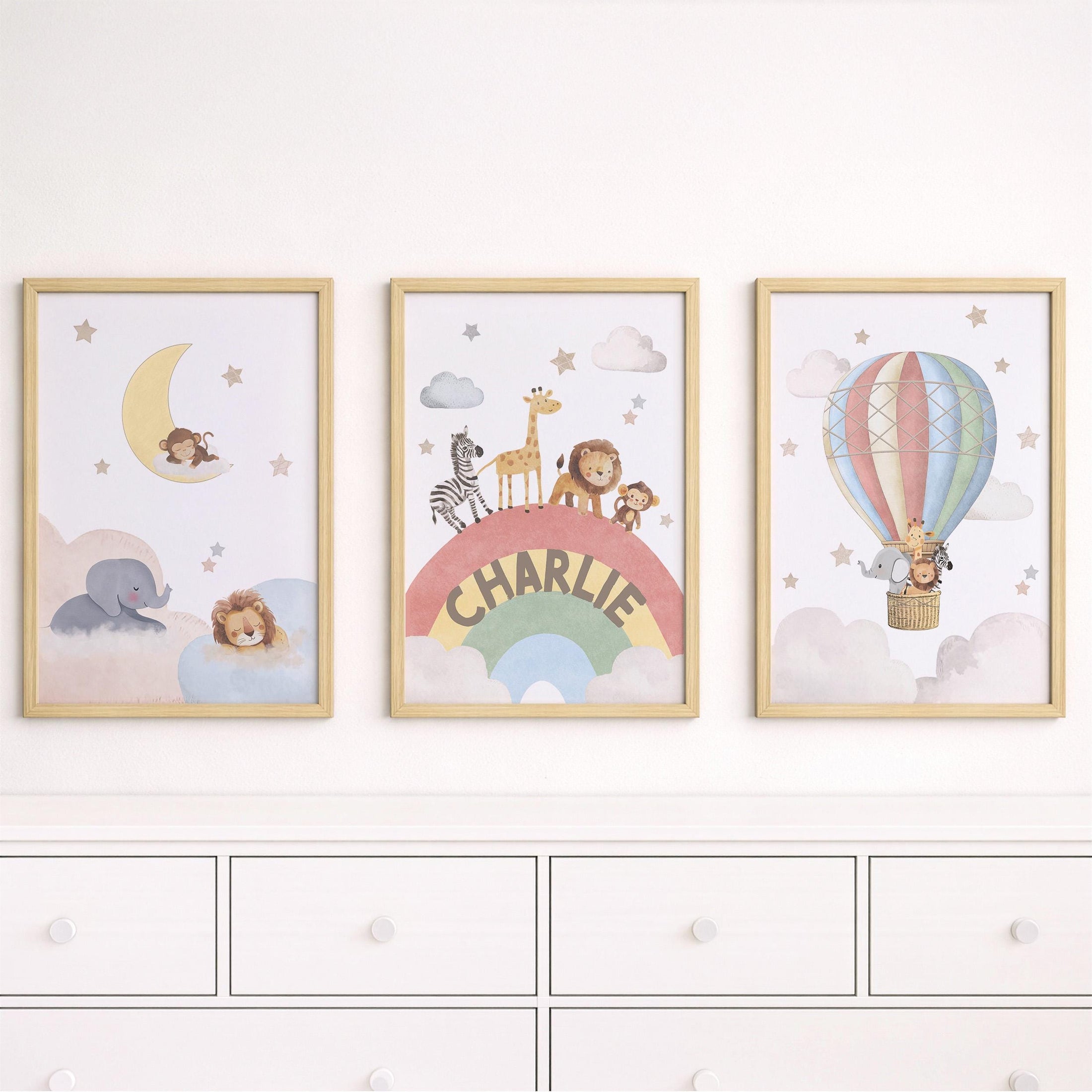 Rainbow Animal Nursery Wall Prints, Set of 3 Hot Air Balloon, Safari Animal Kids Room Posters, Framed or Unframed