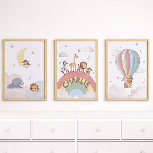 Rainbow Animal Nursery Wall Prints, Set of 3 Hot Air Balloon, Safari Animal Kids Room Posters, Framed or Unframed