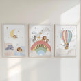 Load image into Gallery viewer, Rainbow Animal Nursery Wall Prints, Set of 3 Hot Air Balloon, Safari Animal Kids Room Posters, Framed or Unframed
