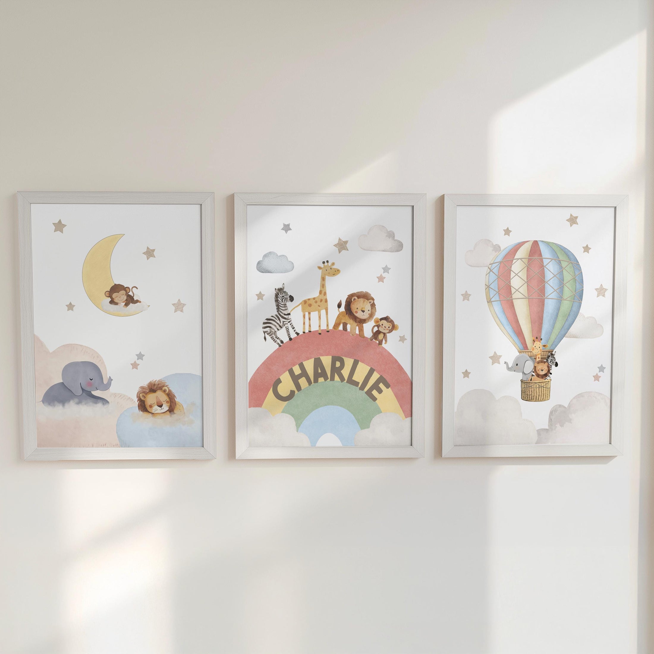 Rainbow Animal Nursery Wall Prints, Set of 3 Hot Air Balloon, Safari Animal Kids Room Posters, Framed or Unframed