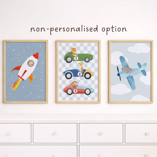 Transport Nursery Wall Art Print Set, Rocket, Racing Car and Plane Poster, Personalised Name Nursery Decor, Framed or Unframed