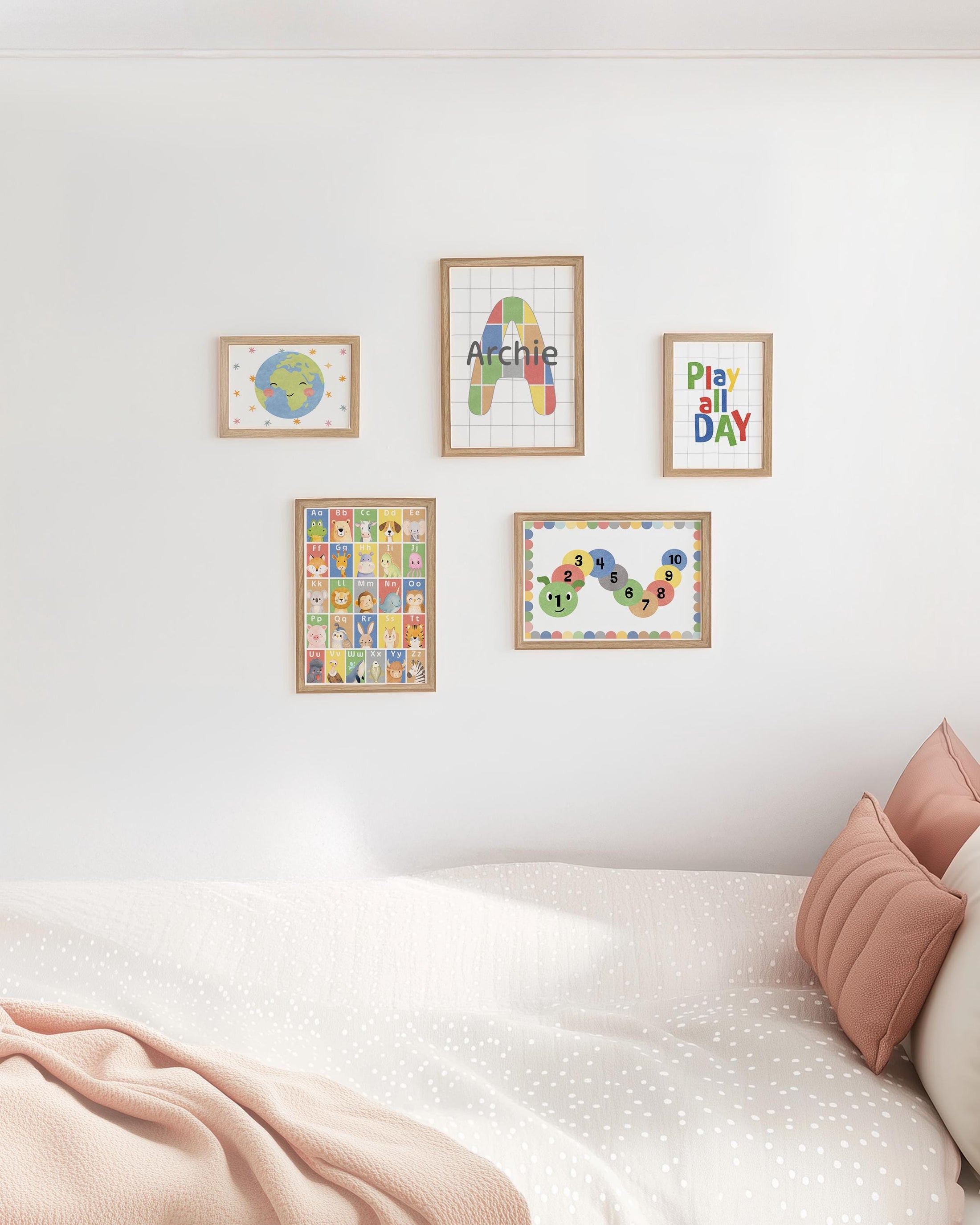 Personalised Nursery Wall Art Set, Alphabet Animals Poster, Numbers Caterpillar, Educational Nursery Decor, Framed or Unframed