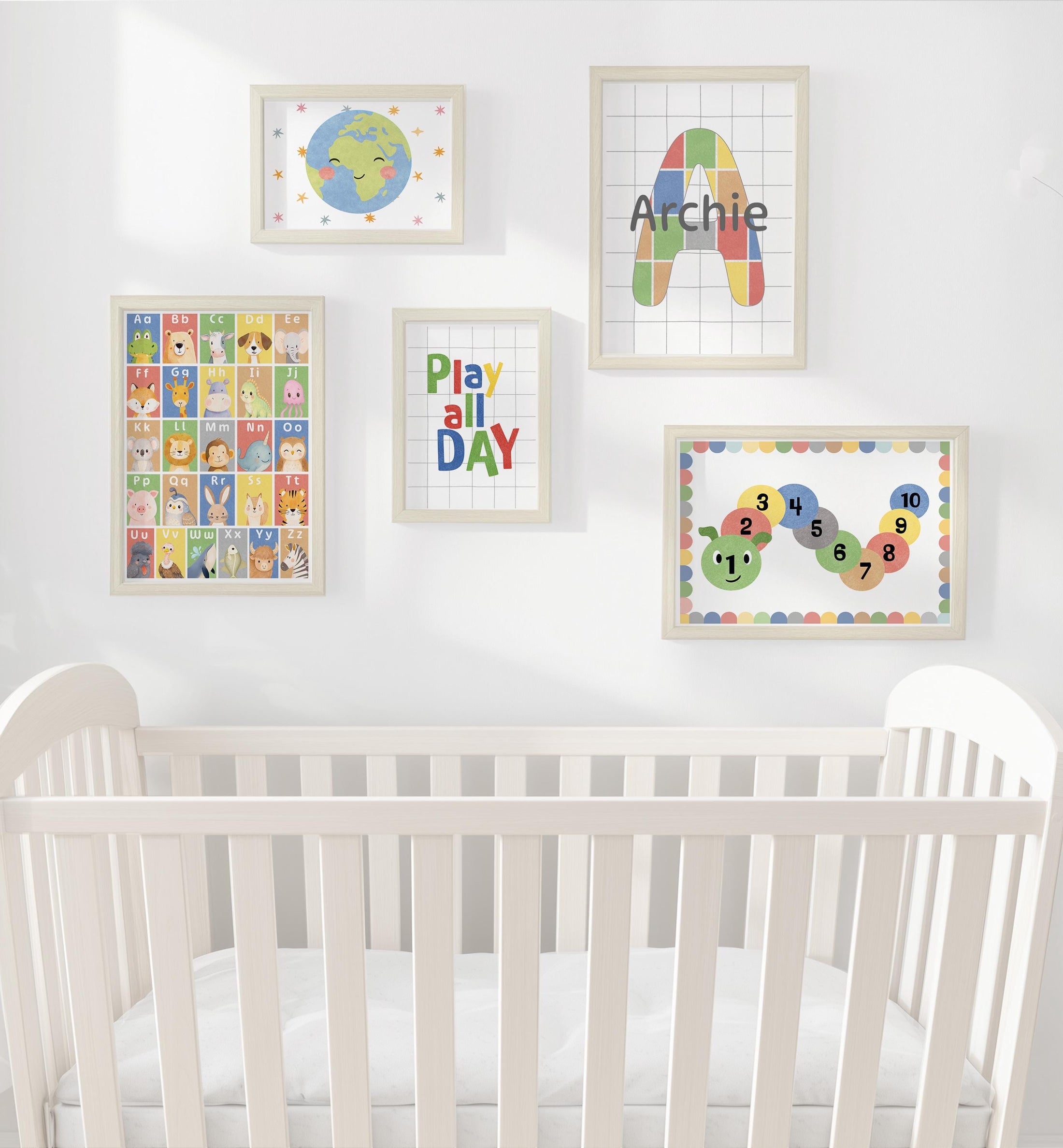 Personalised Nursery Wall Art Set, Alphabet Animals Poster, Numbers Caterpillar, Educational Nursery Decor, Framed or Unframed