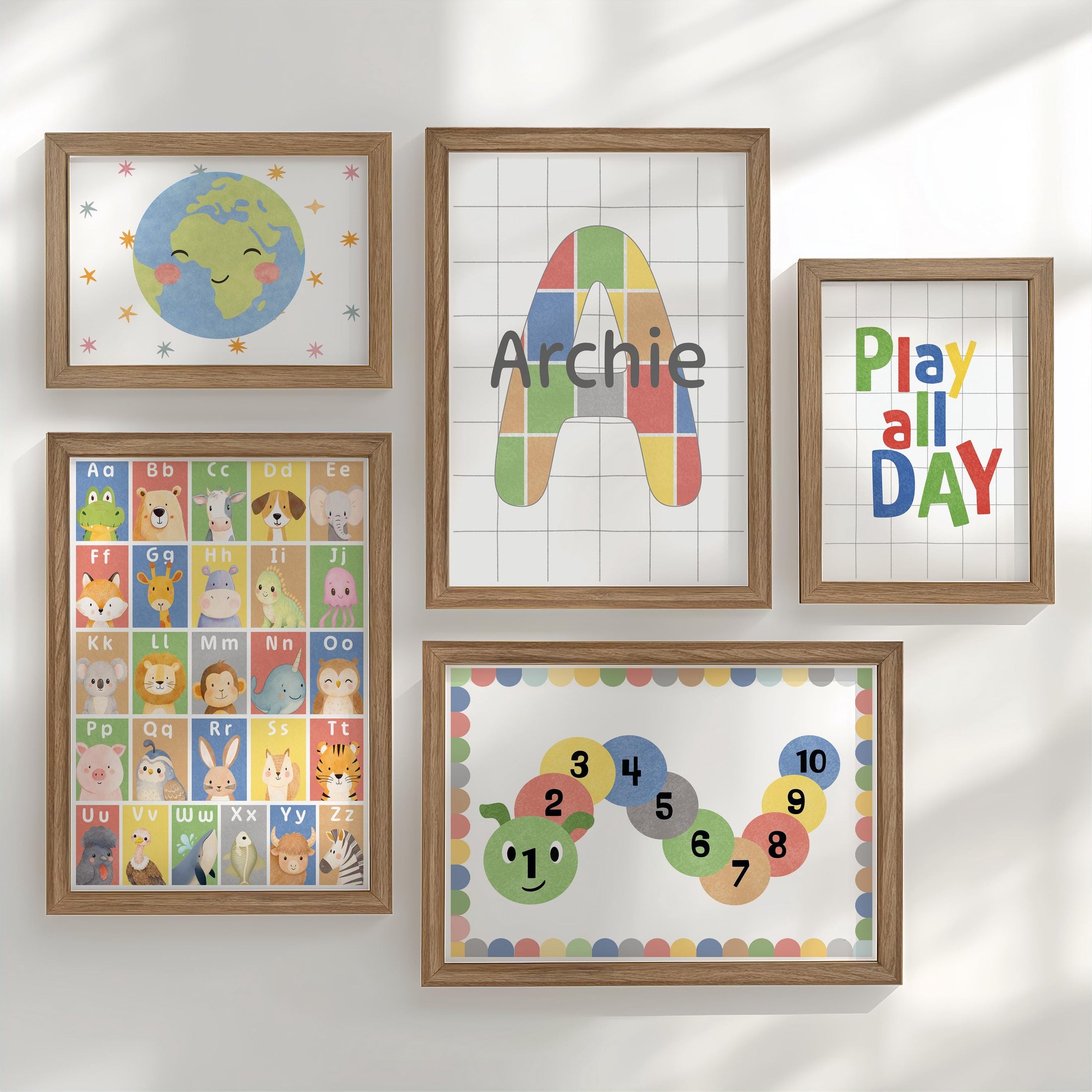 Personalised Nursery Wall Art Set, Alphabet Animals Poster, Numbers Caterpillar, Educational Nursery Decor, Framed or Unframed