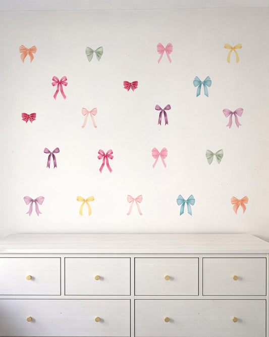 Colourful Bow Wall Decals – Set of 20 Pastel Ribbon Stickers for Girls Bedroom, Nursery Bow Wall Stickers, PVC Free Fabric Decals