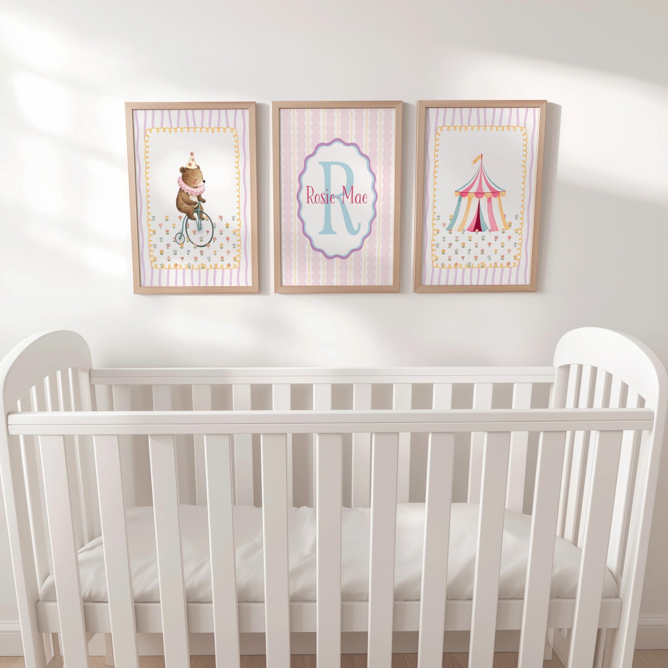 Personalised Circus Nursery Wall Art Set of 3 | Framed or Unframed | Girls Pink Circus Bedroom Decor | Custom Name Initial