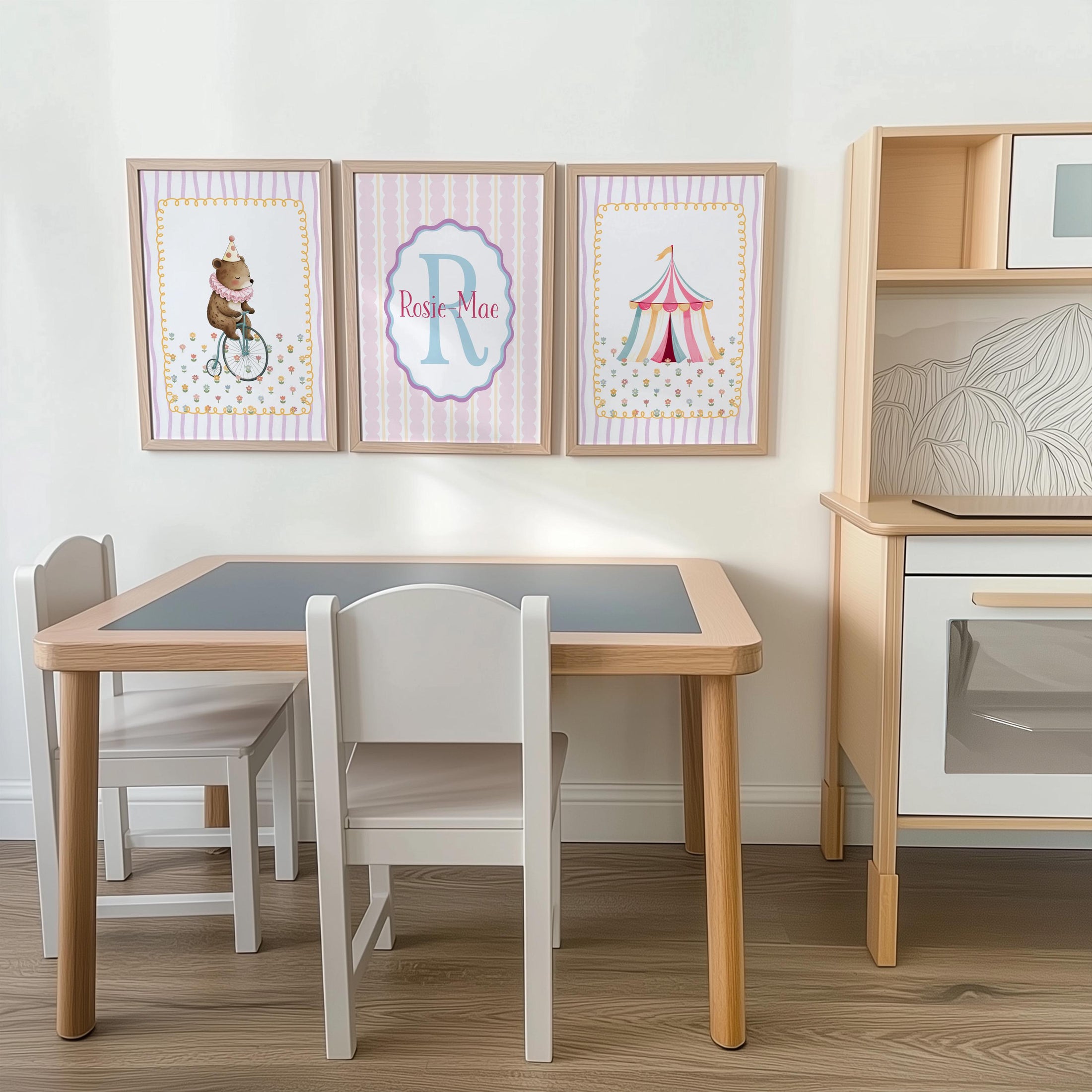 Personalised Circus Nursery Wall Art Set of 3 | Framed or Unframed | Girls Pink Circus Bedroom Decor | Custom Name Initial