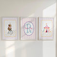 Load image into Gallery viewer, Personalised Circus Nursery Wall Art Set of 3 | Framed or Unframed | Girls Pink Circus Bedroom Decor | Custom Name Initial
