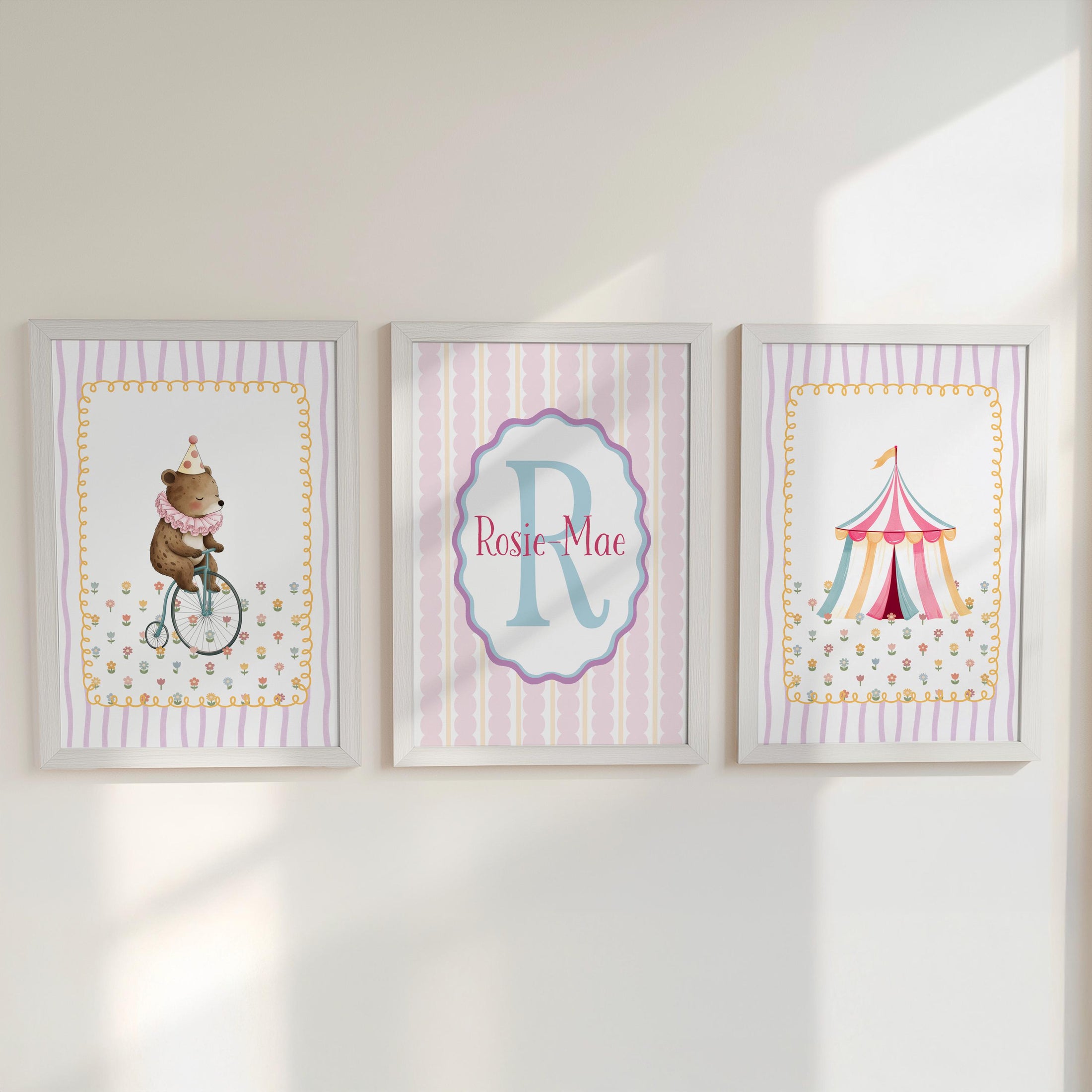Personalised Circus Nursery Wall Art Set of 3 | Framed or Unframed | Girls Pink Circus Bedroom Decor | Custom Name Initial