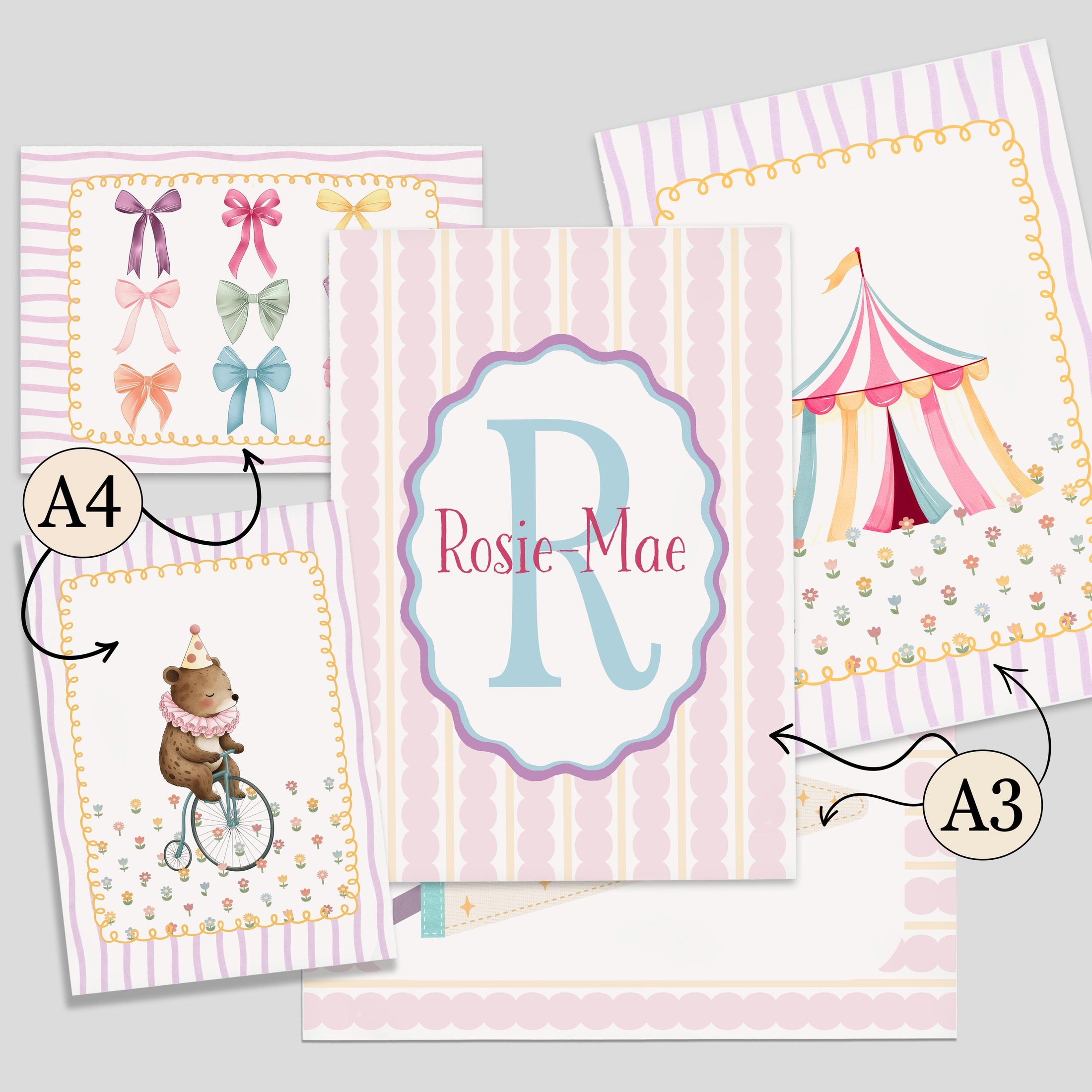 Personalised Circus Nursery Wall Art Set of 5 Prints | Girls Pink Vintage Circus Gallery Wall Posters in Optional White or Oak Frames