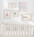 Load image into Gallery viewer, Personalised Circus Nursery Wall Art Set of 5 Prints | Girls Pink Vintage Circus Gallery Wall Posters in Optional White or Oak Frames

