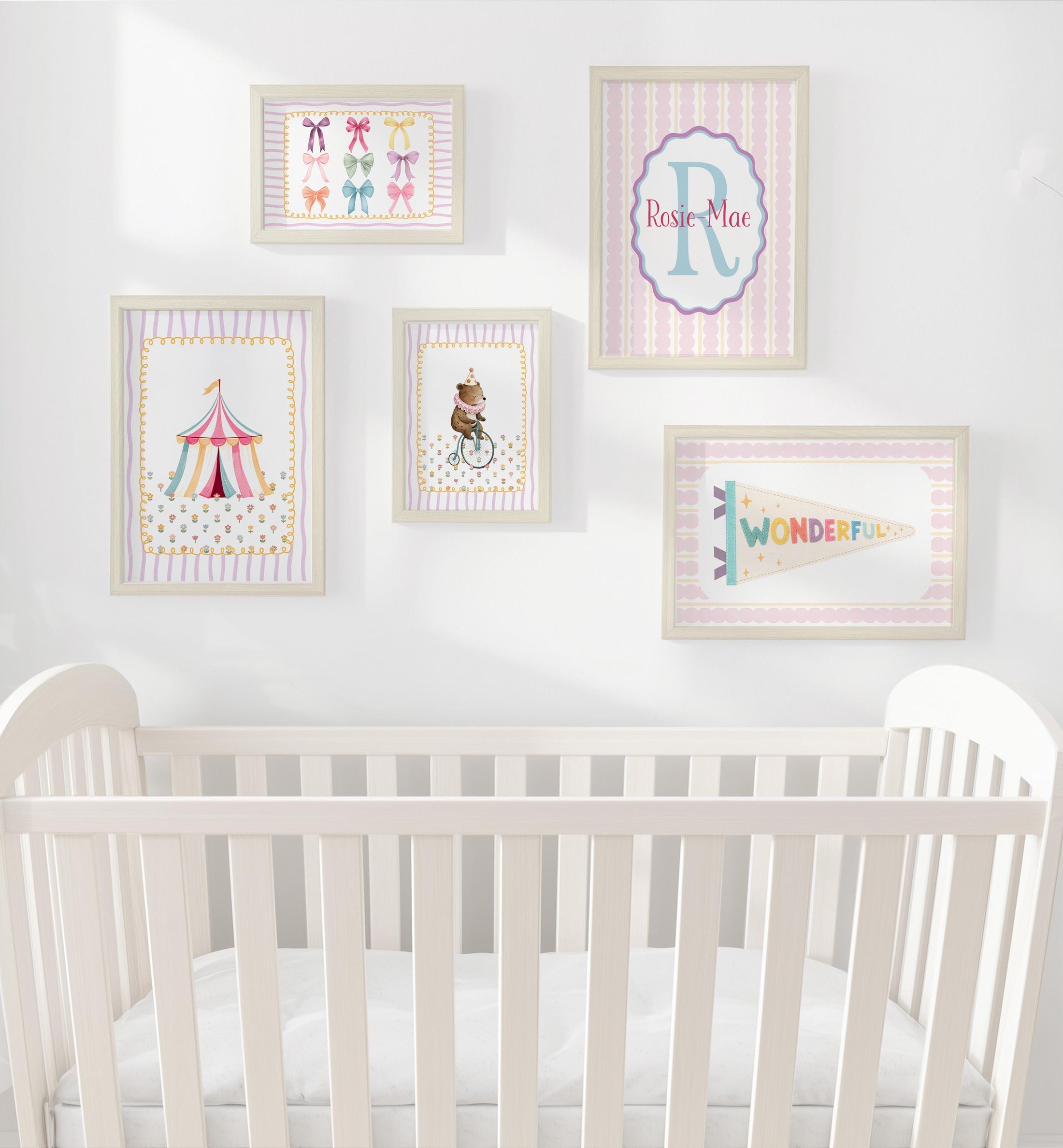 Personalised Circus Nursery Wall Art Set of 5 Prints | Girls Pink Vintage Circus Gallery Wall Posters in Optional White or Oak Frames