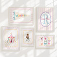 Load image into Gallery viewer, Personalised Circus Nursery Wall Art Set of 5 Prints | Girls Pink Vintage Circus Gallery Wall Posters in Optional White or Oak Frames

