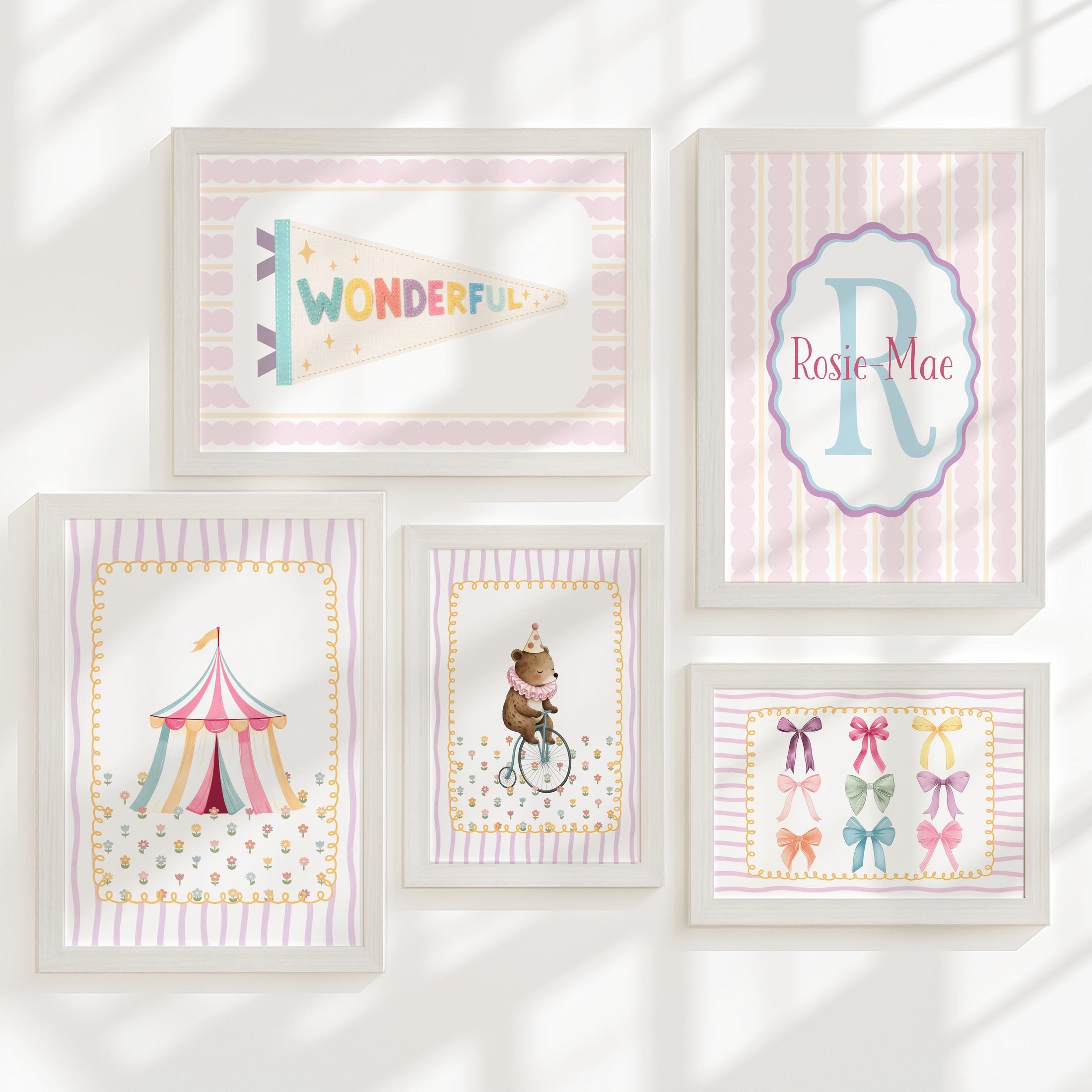 Personalised Circus Nursery Wall Art Set of 5 Prints | Girls Pink Vintage Circus Gallery Wall Posters in Optional White or Oak Frames