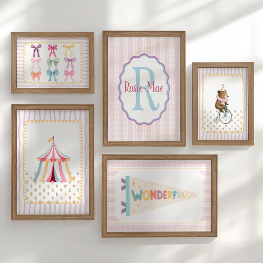 Personalised Circus Nursery Wall Art Set of 5 Prints | Girls Pink Vintage Circus Gallery Wall Posters in Optional White or Oak Frames