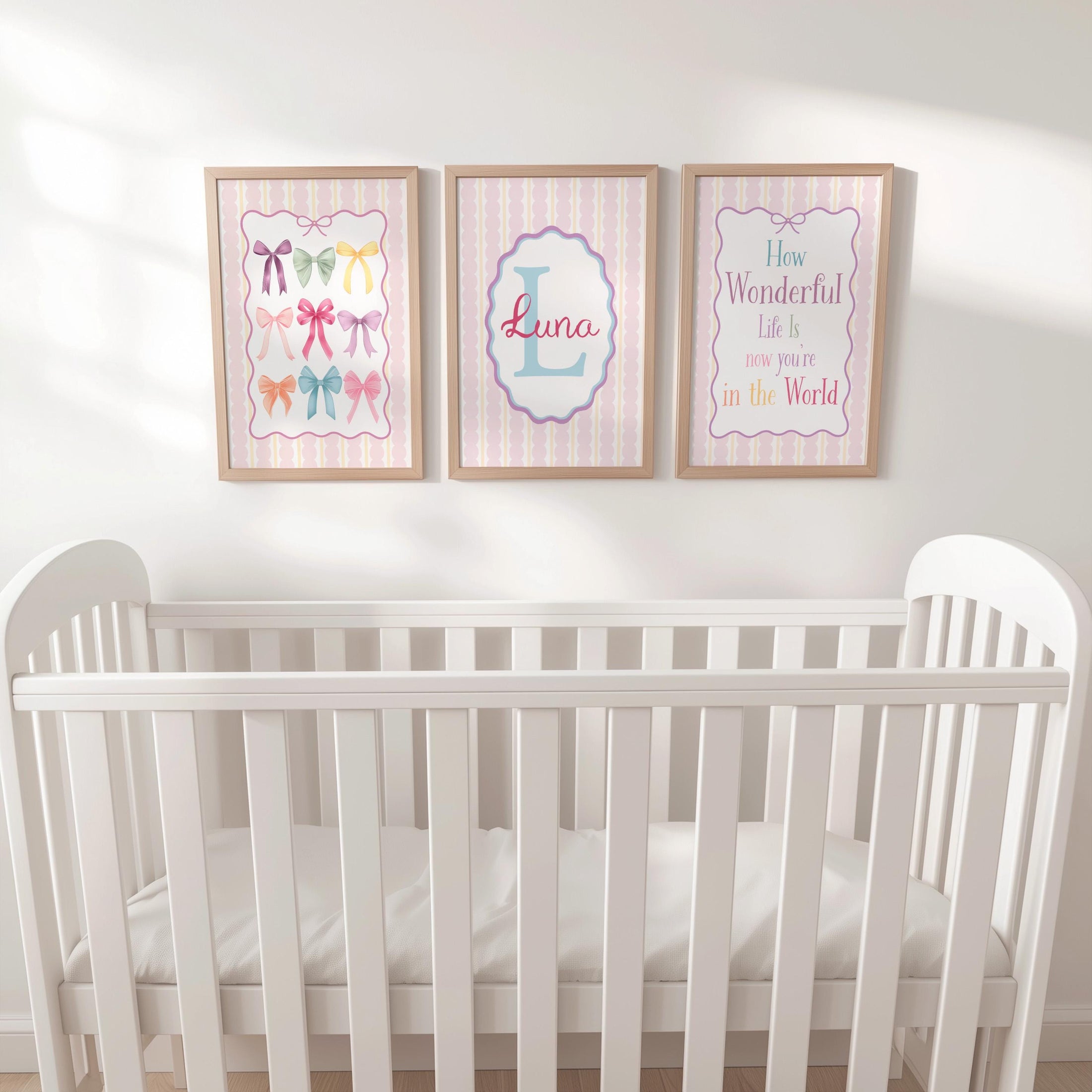 Personalised Girls Nursery Wall Art Set of 3 | Framed or Unframed | Pink Pastel Bedroom Decor | Custom Name Initial Print