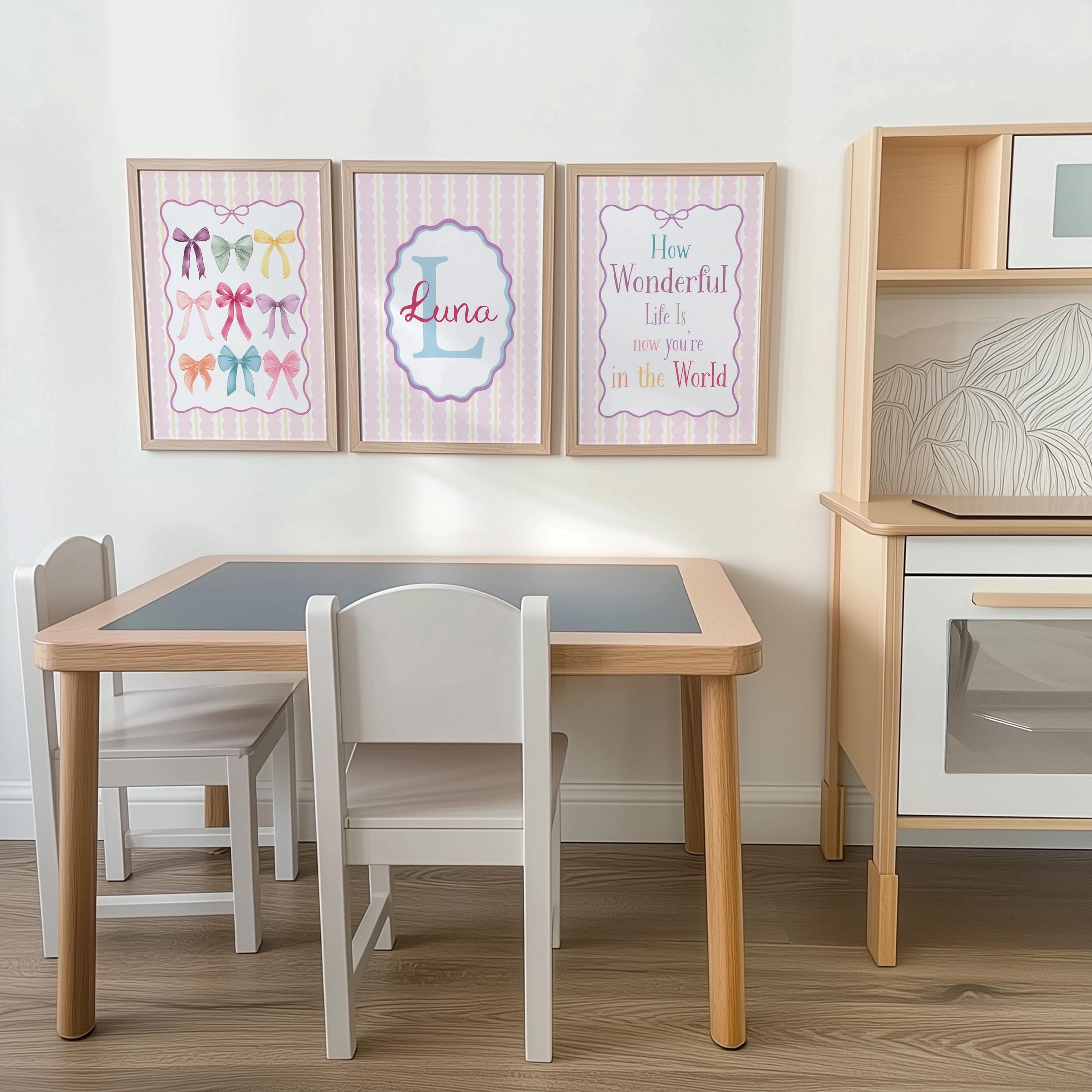 Personalised Girls Nursery Wall Art Set of 3 | Framed or Unframed | Pink Pastel Bedroom Decor | Custom Name Initial Print