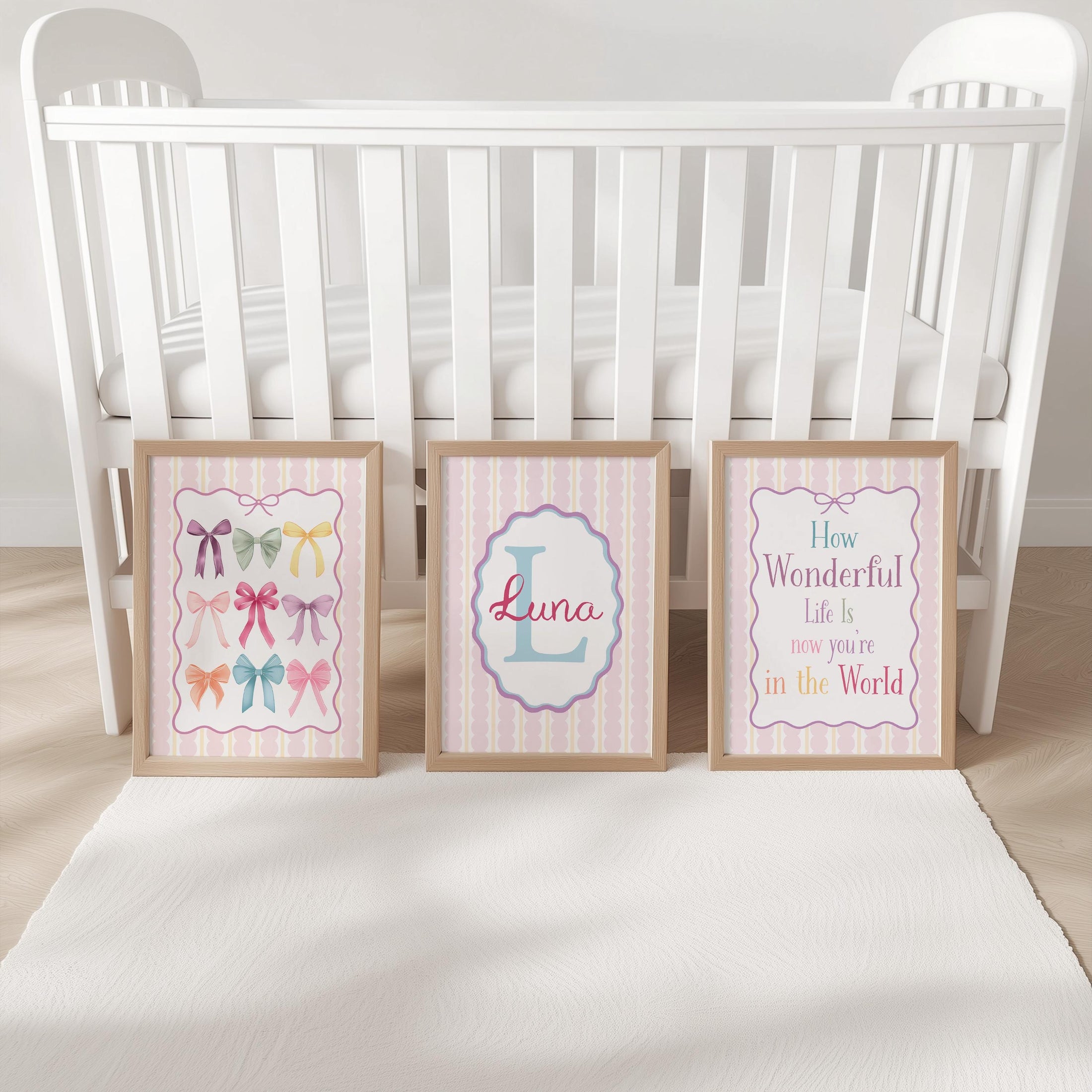 Personalised Girls Nursery Wall Art Set of 3 | Framed or Unframed | Pink Pastel Bedroom Decor | Custom Name Initial Print