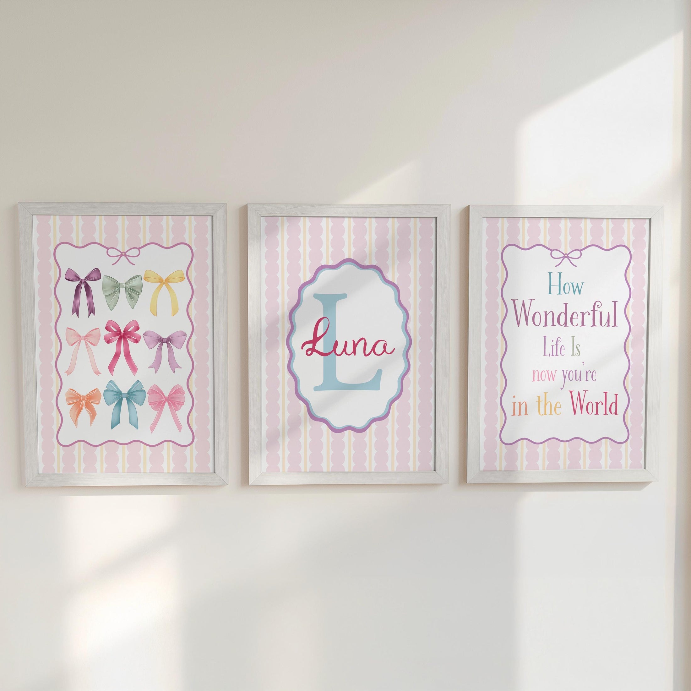 Personalised Girls Nursery Wall Art Set of 3 | Framed or Unframed | Pink Pastel Bedroom Decor | Custom Name Initial Print
